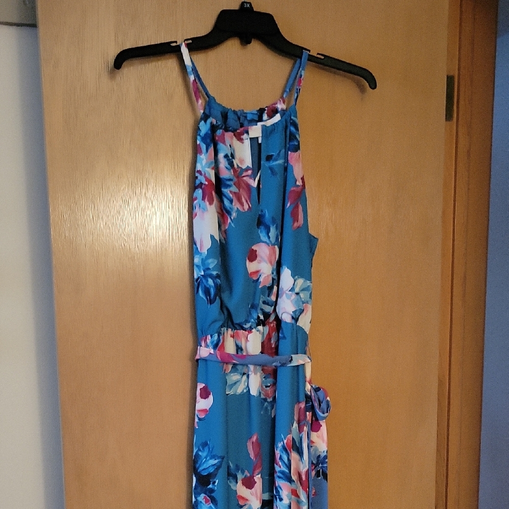 Charles Henry Blue and Pink Floral Maxi Dress